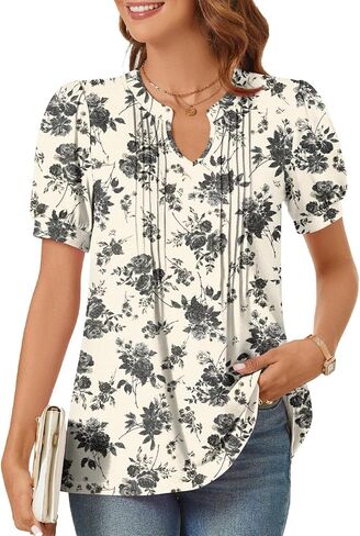 syoss Women's 2024 V-Neck Puff Short Sleeve Pleated Tops Summer Fashion Tunics Casual Blouse T Shirts in Saudi Arabia