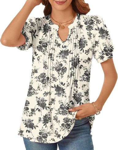syoss Women's 2024 V-Neck Puff Short Sleeve Pleated Tops Summer Fashion Tunics Casual Blouse T Shirts in Saudi Arabia