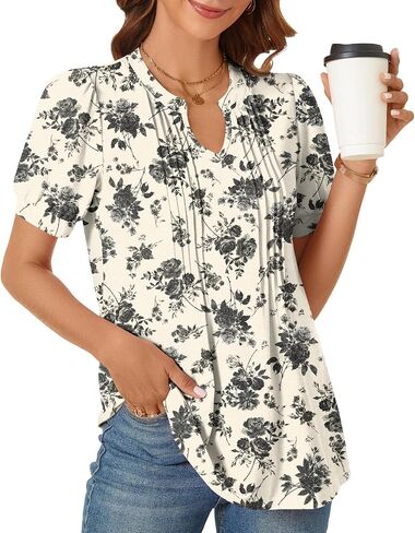 syoss Women's 2024 V-Neck Puff Short Sleeve Pleated Tops Summer Fashion Tunics Casual Blouse T Shirts in Saudi Arabia
