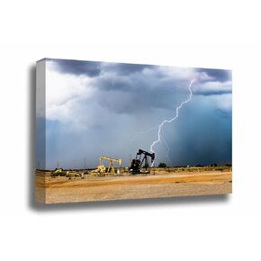 Oilfield Wall Art (Ready to Hang) Canvas of Lightning Strike Behind Pump Jack on Stormy Day in Oklahoma Weather Photography Oil and Gas Decor (1.5, 30" x 45")