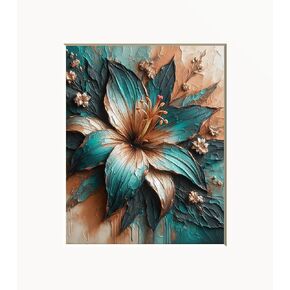 Teal Brown Decor, Teal Lily Textured Flower Picture, Teal Print, Teal Brown Home Decor Bathroom Bedroom Wall Art Handmade (Lily Flower)