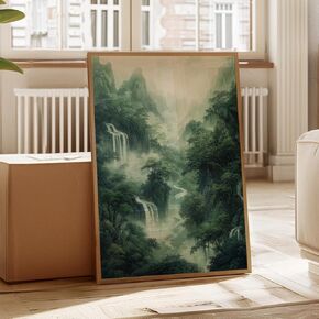 Serene Misty Waterfall Canvas - Tranquil Chinese Ink Wash Art - Zen Mountain Landscape Decor - Peaceful Nature Wall Print - Asian Elegance