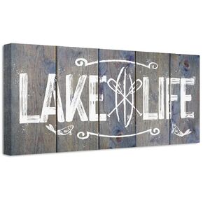 Lake Life Wood Style Look على مدار 24 × 48 فنًا ممتدًا فنًا كبيرًا - منزلًا للمنزل للبحيرة ، فني الجدار الصيفي للفنون والفناء في الهواء الطلق ، علامة فنون القوارب ورسوم الطلاء ، الحرف المزرعة
