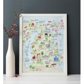 Hand-painted Watercolor Fancy Michigan Map, Luxury Print (5 x 7 inches)