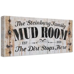 Personalized Mud Room Sign - Antique Laundry Room Decor, Customized Print with Family Name and Year Established, Great Housewarming Gift, Ready to Hang Rustic Metal Style Stretched Canvas Print