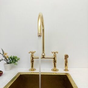 8" Unlacquered Brass Bridge Kitchen Faucet with Sprayer and Cross Handles, Classic Brass Faucet (Bridge faucet with sprayer)