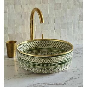 MIRATILE Handmade Ceramic Moroccan Basin Sink, Sink Bowl with Brass Rim Edge, Handwash Countertop Vanity Basin, Farmhouse Bathroom Basin, Hand Painted Wash Basin Sink. (12"= 30cm, Green)