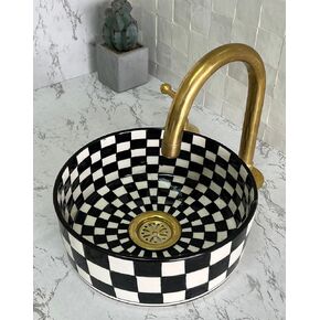 Handmade Countertop Ceramic Wash basin, Checkered Sink Bowl, Hand Painted Above Counter Vessel Sink, Farmhouse Bathroom Ceramic Basin with two gifts (14"= 35cm, Black & White)
