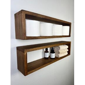 Set of 2 Floating Rectangle Shelves | Easy Mounting | Toilet Paper Holder | Bathroom Storage | Kitchen Spice Rack (Walnut)