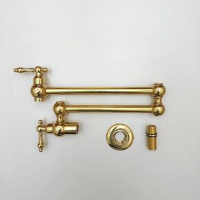 Unlacquered Brass Wall Mounted Pot Filler Faucet, Solid Brass Pot Filler for Kitchen, 360 Swivel Folding Faucet with Double Joint Swing Arms and 2 Handles