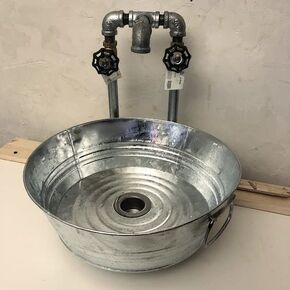 Pipe Faucet & (Medium Round Wash-Pan Sink Rustic Farmhouse Galvanized)