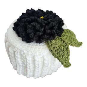Decorative Crochet Toilet Paper Cover with Black Flower, White, Handmade