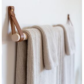 KEYAIIRA - Hand Towel Holder Bathroom Kitchen, Kit Includes Leather Strap Hooks, Wooden Dowel Rail, Gold/Brass Hardware, Simple Minimal design
