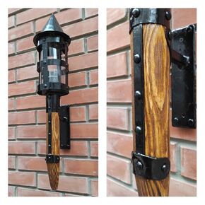 Outdoor light fixture, wall sconce torch light fixture, Metal and wood outdoor light fixture