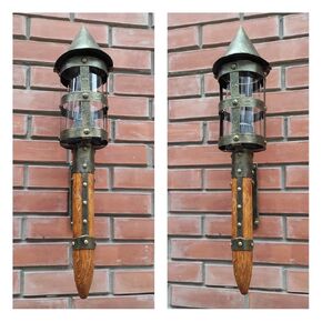 Outdoor light fixture, wall sconce torch light fixture, Metal and wood outdoor light fixture
