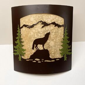 Rustic Wolf with Pine Tree Wall Sconce – Frosted Amber Glass & Burnished Bronze Metal Light - Lodge Cabin Decor - Woodland Nature Wall Light Fixture