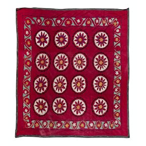 6.9x6.9 Ft Silk Hand Embroidery Classic Suzani Wall Hanging, Decorative Vintage Turkish Bed or Table Cover. RS153