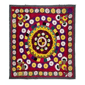 6x6.3 Ft Vintage Suzani Bedspread, Silk Hand Embroidered Bed Cover, Turkish Wall Hanging, Tapestry. RS98