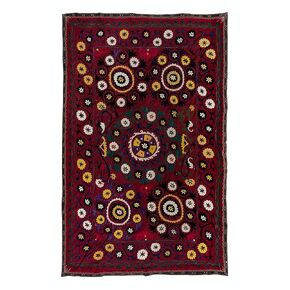 5x7.3 Ft Turkish Suzani Textile, Hand Embroidered Cotton & Silk Bed Cover, Wall Hanging. RS110