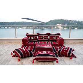 U Shaped Oriental Sofa, Pallet Sofa, Moroccan Rug, Sectional Sofas, Arabic Majlis, Ottoman Couch, Floor Cushions Set, Arabic Jalsa Set (Sofa Full Set, Burgundy, 4'' Thickness Sofa)