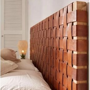 Moroccan Leather Weave Full Headboard, Handwoven Genuine Leather, Adjustable Height, Natural Brown, Freestanding Braided Design (Full)