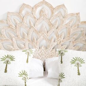 Handmade Carved Half Round White Wash Lotus Flower Bed Headboard Wooden Furniture Bed Head Wood Wall Art Boho Bed Headboard Home Decor (Queen Size- 63x42x1 -inches)