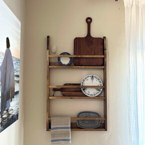 Rustic Wall-Mounted Dish Rack, Wooden Display Shelf for Plates, Platters and Cutting Boards, Kitchen Storage Organizer