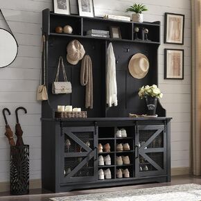 JXQTLINGMU 59" Farmhouse Hall Tree with Shoe Storage, Entryway Bench with 20 Cubbies, 12 Hooks & Sliding Barn Doors, Mudroom Coat Rack Cabinet, Black