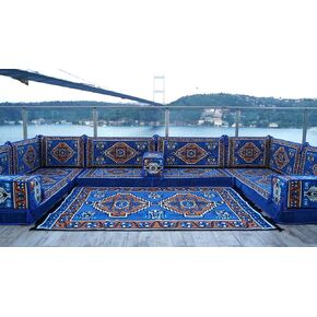 Blue Color U Shaped Arabic Seating, Oriental Floor Couches, Arabic Majlis, Turkish Floor Seating Set, Indoor Floor Sofas, Floor Cushions, Sofa Covers (U Sofa Full Set)