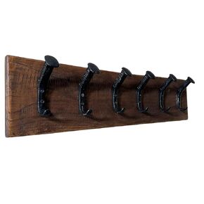 Rustic Reclaimed Wooden Wall Coat & Hat Rack - 6 Hooks / 30" Long - Farmhouse Handmade Wood Wall Rack with Railroad Spike Hooks