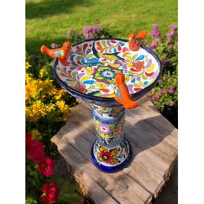 Talavera Birdbath – 27" Hand-Painted Mexican Pottery, Colorful Garden Decor, Outdoor Safe – With or Without Birds (With Birds)