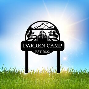 Custom Metal Campfire Sign with Stakes, Personalized Cabin Sign, Camp Decor, Outdoor Life Lovers Gift, Camp Name Sign, Farmhouse Decor, Name Est Plate Sign, Camper Gift Stake, Custom Porch Sign