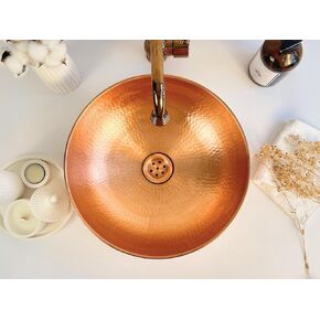 100% Copper Hand-Hammered Sink for Kitchen and Bathroom with Drain Cap Included - Various Finishes/Sizes (Green Patina(Copper Rim), 14 Inches)