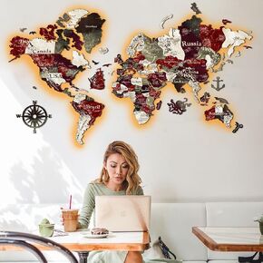 51x30.7″ LED & ACRYLIC Glass 3D Wooden World Map Wall Art PERFECT WORLD, Places I've Been Map, World Travel Map, Map of the World for Wall, Grey with Green