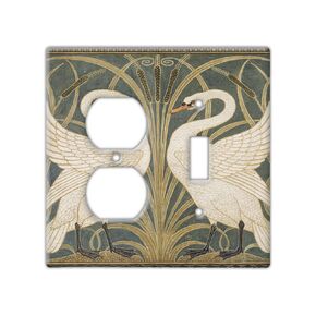 Decorative Wall Switch Cover Plate - Swan, Rush and Iris Decor Switch Plate - Beautiful Symmetrical Art Piece With Lots of Dark Green, Gold, and Off-white (Single Toggle Switch Cover)