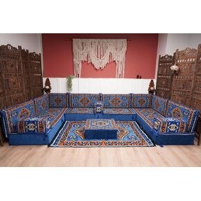 Arabic Floor Sofa Set, Turkish Sofa, Arabic Floor Seating Set, Moroccan Sofa Set, Floor Cushions, Corner Sofa (U Sofa Full Set, Palace Maroon, 8'' Thickness Sofa)