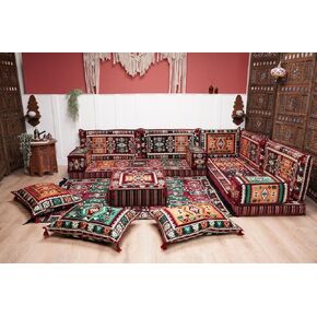 Arabic Majlis, Turkish Floor Sofa, Arabic Jalsa, Floor Cushions, Majlis Sofa, Diwan Sofa, Arabic Floor Seating Set, Moroccan Sofa Set (L Sofa X Rug, Anatolia Blue, 8'' Thickness Sofa)