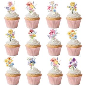 45PCS Wildflower Cupcake Toppers, Baby in Bloom Cake Decorations, Flower Cupcake Topper for Girls Women, Wildflower Party Decorations