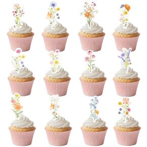 60PCS Wildflower Baby Shower Decorations, Baby in Bloom Floral Cupcake Toppers, Flower Cake Toppers for Girl Women Birthday Party, and Garden Celebrations
