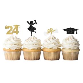 12 PCS Gold Glitter 2024 Graduation Decorations Congrats Table Cupcake Toppers for party Graduation Cap Class of 2024 Black Decor Cupcake Picks Senior 2024 Black Glitter Table Signs