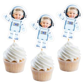 Custom Astronaut Cupcake Toppers Personalized With Photo, Outer Space First Trip Around The World Birthday Decorations, Kids Galaxy Party Favors, Boys Girls Solar System Space Table Decorations