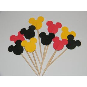 24 Mickey Mouse inspired Red, Black and Yellow colored cupcake toppers food picks birthday party décor shower supplies