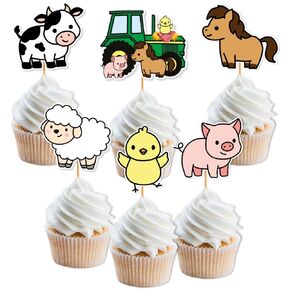 Farm Animal Cupcake Toppers For Boys Girls Barnyard Birthday Party Tabe Decorations Great For Farmer Food Picks Rustic Cake Toppers, Green Hay Bale Tractor, Petting Zoo Party Favors, Ranch Supplies