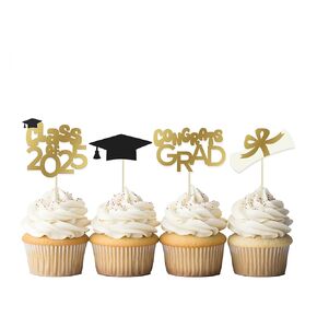 12 PCS Gold Glitter 2024 Graduation Decorations Congrats Table Cupcake Toppers for party Graduation Cap Class of 2024 Black Decor Cupcake Picks Senior 2024 Black Glitter Table Signs (Gold/Black cap)