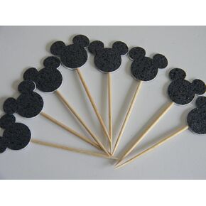 24 Black Glitter Mickey Mouse inspired cupcake toppers food picks birthday party décor shower supplies