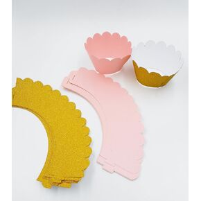 Gold Glitter and Pink Round Cupcake Wrappers, Baby Shower, Bridal Shower, Birthday Party Supplies, Set of 12