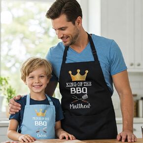 Personalized Matching Family Grill Apron Set for Fathers Day, Dad and Kids Aprons, BBQ Aprons for Dad, Grandpa, Son, Dad Daughter Apron Gift, Prince of the BBQ, King of the BBQ, Family Barbecue Aprons