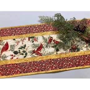Handmade Red Cardinals Quilted Dining Table Runner, 13x48" Reversible, Winter Bright Red Gold, Coffee End Table, Birds Branches Handmade Christmas