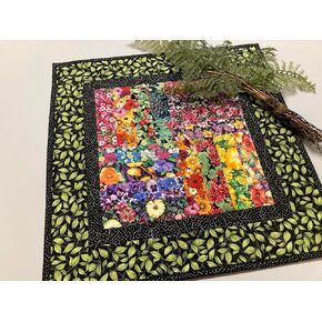 Garden Flowers Quilted Table Topper, 19x19" Square, Summer Coffee End Table Nightstand, Large Green Leaves Wildflower Floral Nature TahoeQuilts Handmade