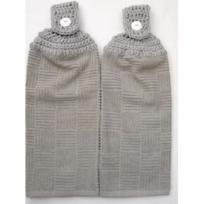 SOLID TERRY CLOTH TOWELS - 2 CROCHET TOP HANGING KITCHEN TOWELS (AZURE BLUE)
